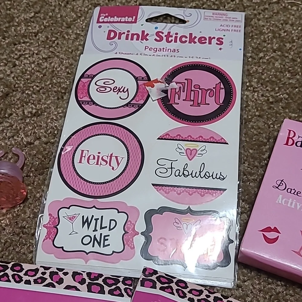 Pink Bachelorette Party Drink Stickers & Confetti Set Plus Activity Cards